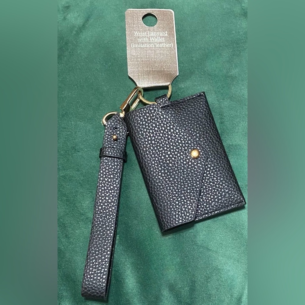 Black Faux Leather Wrist Lanyard and Card Holder Set